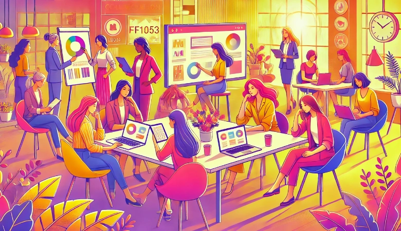 Grupo de mujeres emprendedoras colaborando en un espacio creativo y moderno, analizando estrategias digitales en sus portátiles y compartiendo conocimientos sobre SEO y backlinks. La imagen representa un entorno dinámico de aprendizaje y networking, alineado con la formación en estrategias de enlaces para mejorar la visibilidad online.
