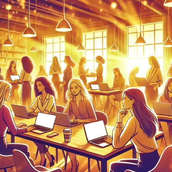 Ilustración vibrante y cálida de una comunidad de mujeres emprendedoras trabajando juntas en un espacio moderno con portátiles. Representa la colaboración, el empoderamiento y el crecimiento digital dentro de la membresía Perras Digitales.