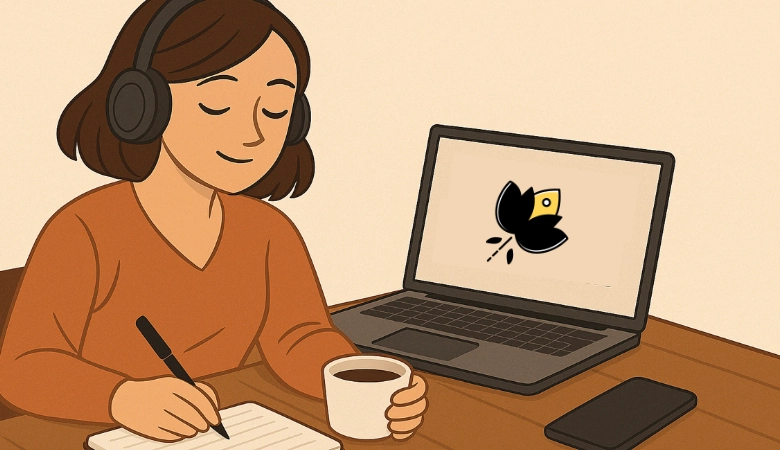 Ilustración de una emprendedora digital escuchando un mini podcast sobre libros de emprendimiento mientras toma notas, con el logo de Entre líneas en la pantalla del portátil. Curso online exclusivo para mujeres emprendedoras.