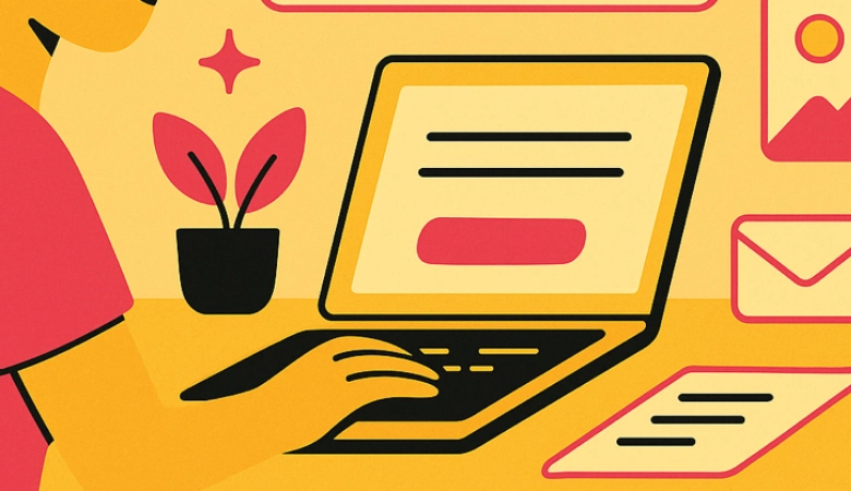 Ilustración de una emprendedora digital creando su primera web gratuita con herramientas como Framer y MailerLite, curso online para lanzar una landing page sin gastar dinero.